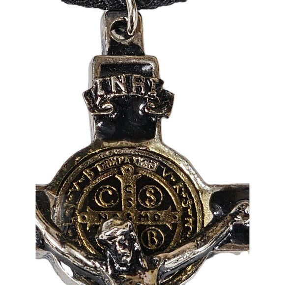 St. Benedict Crucifix Necklace Black Enamel Cross with Cord Catholic Pendant - Picture 5 of 9